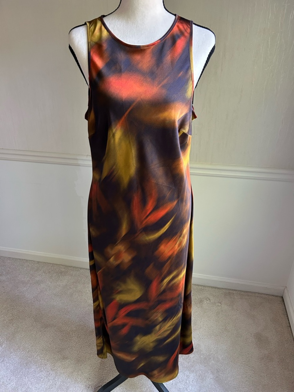Gianni Bini Satin Slip Dress Size L Abstract Print Bias Cut Open Back Midi